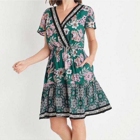 Maurices Teal Floral Flutter Sleeve V Neck Mini Dress Work School Casual Pockets - Picture 3 of 11
